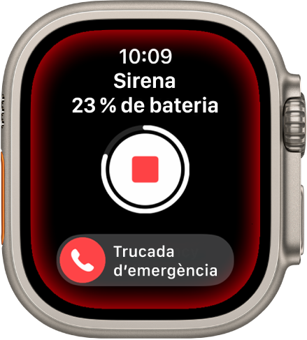 Compte enrere de la sirena. A prop de la part superior es mostra la càrrega de la bateria, al centre hi ha el botó “Reprodueix” i a la part inferior hi ha el regulador “Trucada d’emergència”.
