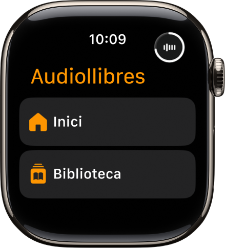 L’app Audiollibres amb el botó d’inici i el botó “Biblioteca”.