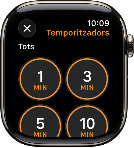 Pantalla de l’app Temporitzador amb el botó “Afegeix” per crear un temporitzador, així com temporitzadors ràpids d’1, 3, 5 o 10 minuts.