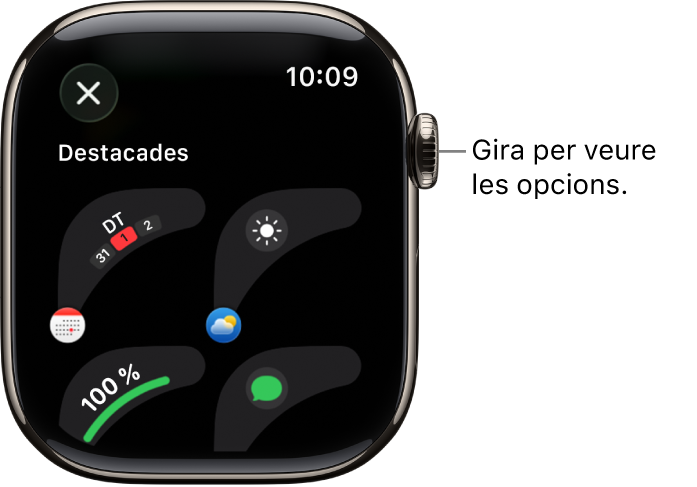 Pantalla de personalització d’una esfera del rellotge que mostra les complicacions destacades. Fes girar la Digital Crown per buscar complicacions.