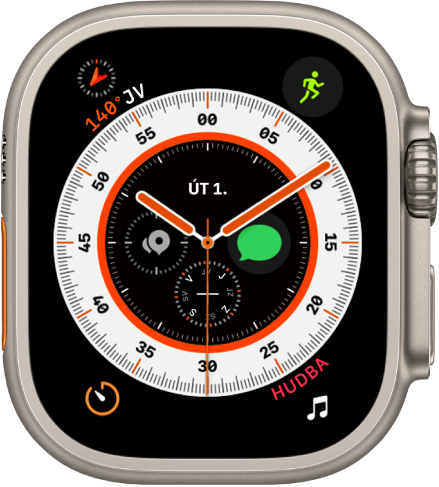 Ciferník Wayfinder s ručičkovými hodinami a s komplikacemi Baterie vlevo nahoře, Cvičení vpravo nahoře, Minutky vlevo dole a Hudba vpravo dole. Uprostřed ciferníku jsou vidět čtyři komplikace – nahoře Datum, vpravo Země, dole Kompas a vlevo Body cesty na kompasu.