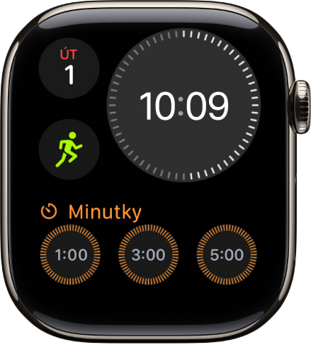 Ciferník Modulární – mini s digitálním číselníkem vpravo nahoře, dnem v týdnu a datem vlevo nahoře a dvěma komplikacemi: Cvičení vlevo uprostřed a Stav mysli dole.