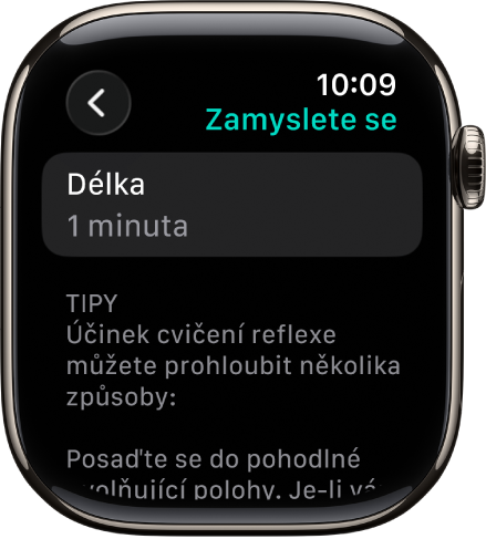 Obrazovka aplikace Všímavost, na níž se nahoře zobrazuje doba jedné minuty. Pod ní jsou tipy a návrhy, jak vylepšit cvičení reflexe.