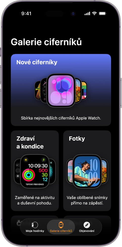 Aplikace Apple Watch se zobrazenou Galerií ciferníků. V horním řádku jsou vidět nové ciferníky a na dalších řádcích jsou ciferníky seskupené podle typu – například Zdraví a kondice a Fotky. Zobrazení můžete posouvat k dalším ciferníkům seskupeným podle typu.