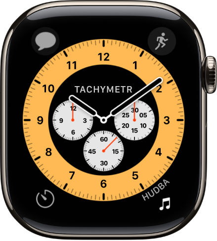 Ciferník Chronograf Pro, u nějž můžete upravit barvu a detaily číselníku. Zobrazují se na něm čtyři komplikace: vlevo nahoře Zprávy, vpravo nahoře Cvičení, vlevo dole Minutky a vpravo dole Hudba.