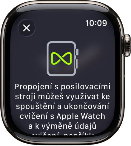 Obrazovka párování, která se zobrazuje, když Apple Watch párujete s posilovacími stroji.