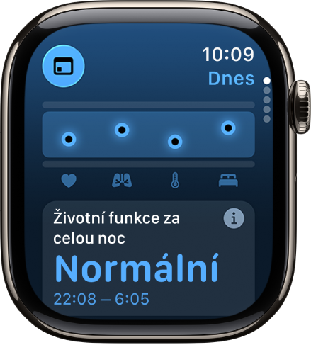 Obrazovka v aplikaci Životní funkce zobrazující hodnoty zdravotních ukazatelů naměřené v noci.