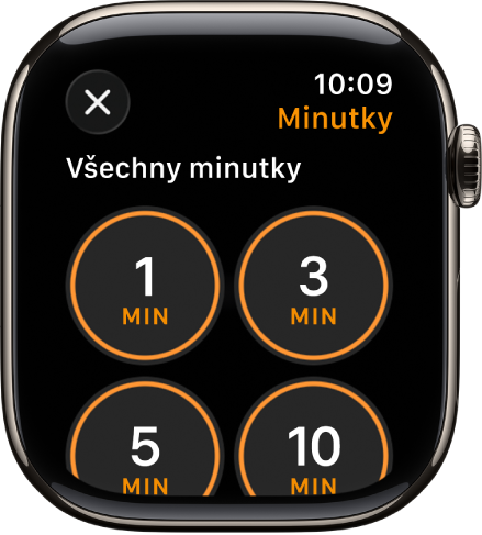 Obrazovka aplikace Minutka s tlačítkem Přidat pro vytvoření nové minutky a rychlými minutkami nastavenými na 1, 3, 5 nebo 10 minut.