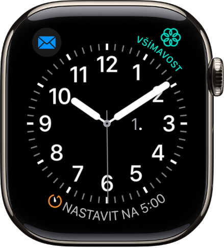 Ciferník Praktický, u nějž můžete upravit barvu vteřinové ručičky a nastavit číslování a detaily číselníku. Zobrazují se na něm tři komplikace: vlevo nahoře Hudba, vpravo nahoře Všímavost a dole Cvičení.