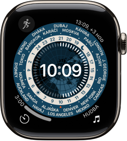 Ciferník Světový čas udává čas ručičkami. Uprostřed je mapa zeměkoule, na níž je vidět den a noc. Okolo číselníku se zobrazují čísla a jména měst, spolu s časem v každém z nich. V každém rohu je jedna komplikace: vlevo nahoře Hudba, vpravo nahoře Přeložit, vlevo dole Minutka a vpravo dole datum.