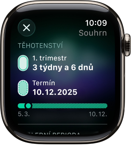 Obrazovka v aplikaci Sledování cyklu znázorňující souhrnné informace o těhotenství s gestačním věkem a datem porodu ve středu obrazovky.