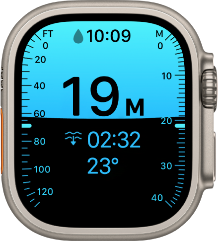 Obrazovka Hloubka na Apple&nbsp;Watch Ultra s&nbsp;údaji o&nbsp;aktuální hloubce, uplynulém času a&nbsp;teplotě vody.