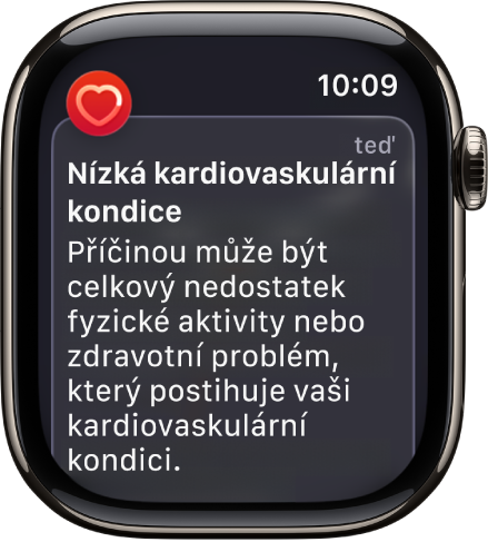 Upozornění na tepovou frekvenci oznamující, že byla zaznamenána nízká úroveň kardiovaskulární kondice.