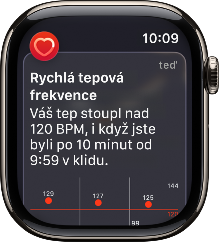 Obrazovka Upozornění na tepovou frekvenci oznamující, že byla zaznamenána vysoká tepová frekvence