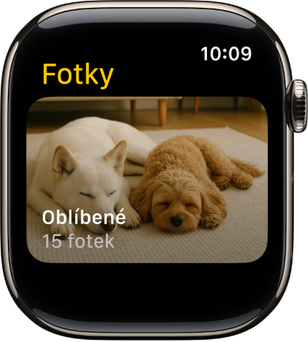 Aplikace Fotky na Apple Watch s albem nazvaným Oblíbené