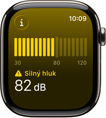 Aplikace Hluk se zobrazením hlukoměru a hladiny hluku 89 decibelů a nad ní slovo „Hlasité“.