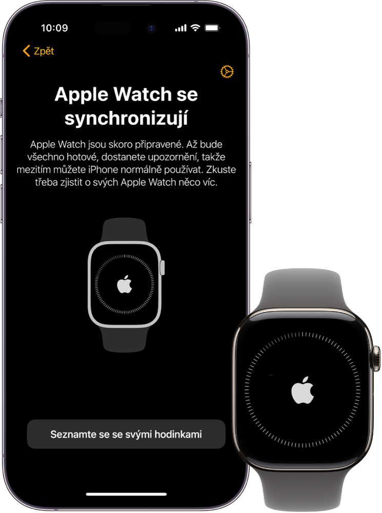 iPhone a&nbsp;Apple&nbsp;Watch se synchronizačními obrazovkami.