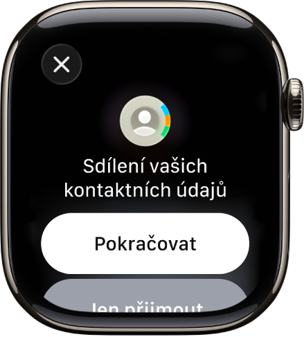Obrazovka NameDropu zobrazující dvě tlačítka: „Pokračovat“, které umožňuje přijímání kontaktů a sdílení vlastních kontaktních údajů; a „Jen přijmout“, které umožňuje jen přijímání kontaktních údajů jiných osob.