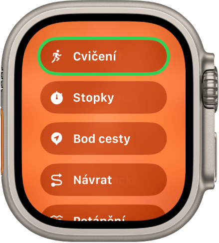 Obrazovka Rychlý přepínač s akcemi, které lze přiřadit k akčnímu tlačítku, jako například Cvičení, Stopky a Bod cesty
