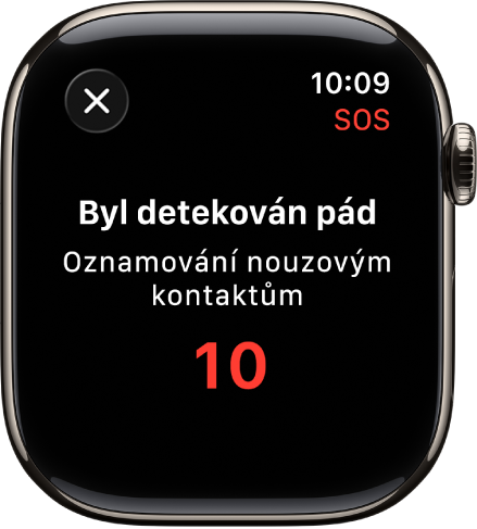 Obrazovka se zobrazeným oznámením „Detekce pádu“ a odpočtem času, který zbývá, než budou informovány nouzové kontakty.