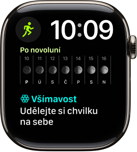 Ciferník Modulární – duo s digitálním číselníkem vpravo nahoře a tři komplikace: vlevo nahoře Cvičení, uprostřed Měsíční fáze a dole Všímavost.