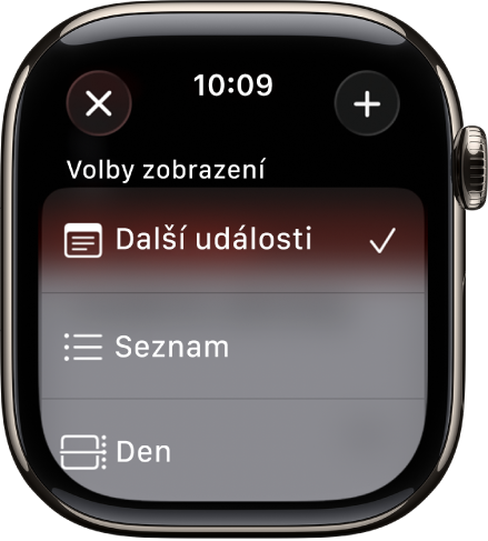 Obrazovka kalendáře s volbami zobrazení – Nadcházející, Seznam a Den. Vpravo nahoře je tlačítko Přidat.