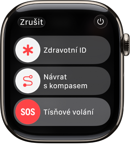 Displej Apple Watch s jezdci zdravotního ID, návratu s kompasem a tísňového volání. Vpravo nahoře je zapínací tlačítko