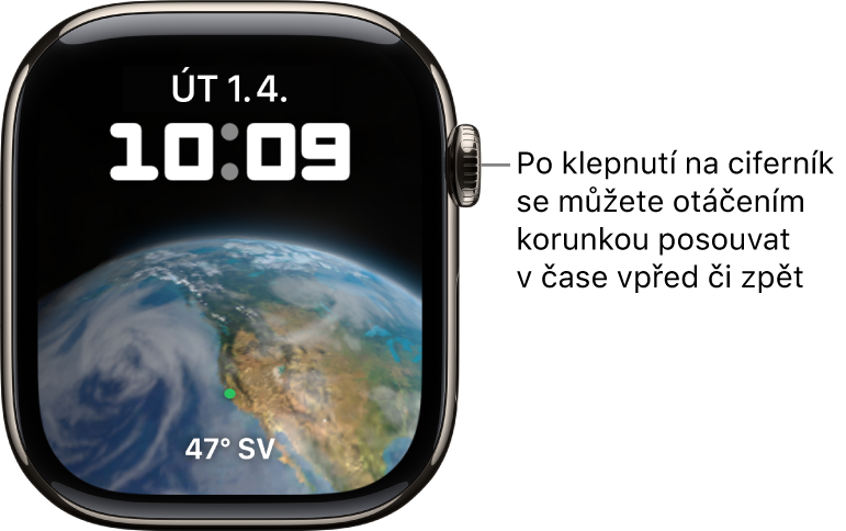 Ciferník Astronomie, na kterém se zobrazuje den, datum a aktuální čas. Dole se nachází komplikace minutky. Když na ciferník klepnete, otáčením korunkou Digital Crown můžete zobrazení posouvat do budoucnosti a do minulosti.