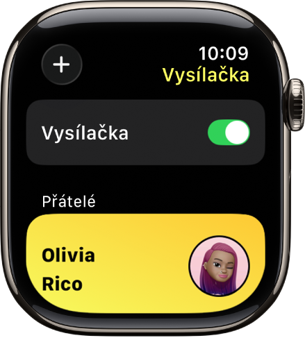 Obrazovka Vysílačka zobrazující v horní části přepínač Vysílačka a v dolní části jméno přítele