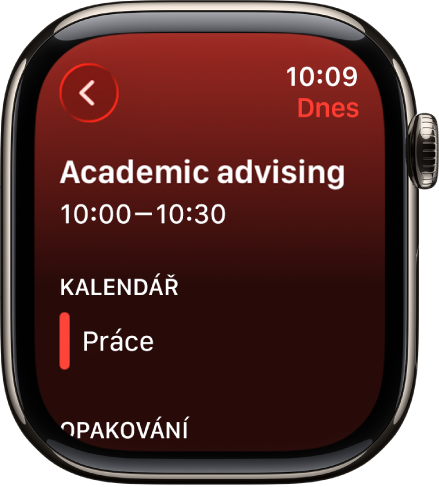 Obrazovka kalendáře s novou událostí. Nahoře je vidět název události a pod ním její čas. Pod záhlavím Kalendář se zobrazuje datum události a název kalendáře, do kterého událost patří