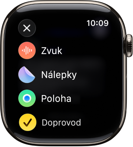 Obrazovka aplikace Zprávy se zobrazením možností pro připojení zvuku, nálepek, polohy a obrázků.