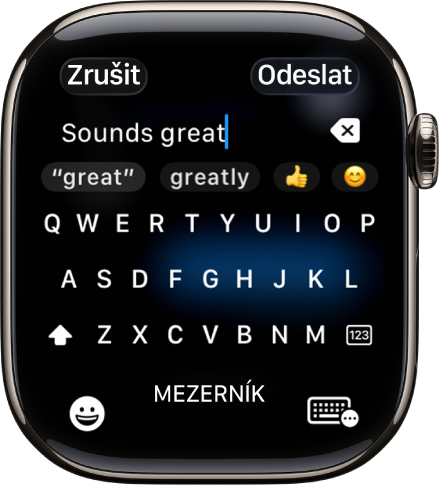 Obrazovka s textovým polem, ve kterém je vidět zpráva napsaná na klávesnici na obrazovce. Dole se nacházejí tlačítka Emotikony a Klávesnice na obrazovce.
