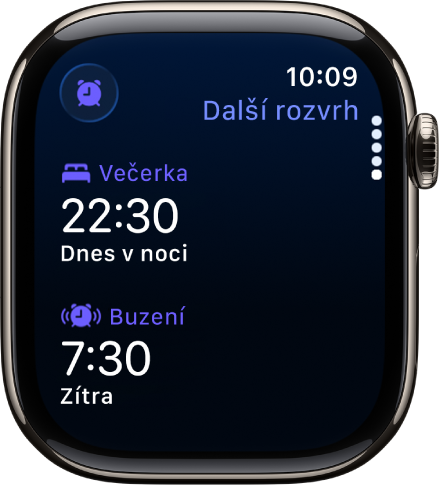 Aplikace Spánek na Apple Watch s rozvrhem spánku pro daný večer. Nahoře je uveden čas Večerka a pod ním čas Buzení.