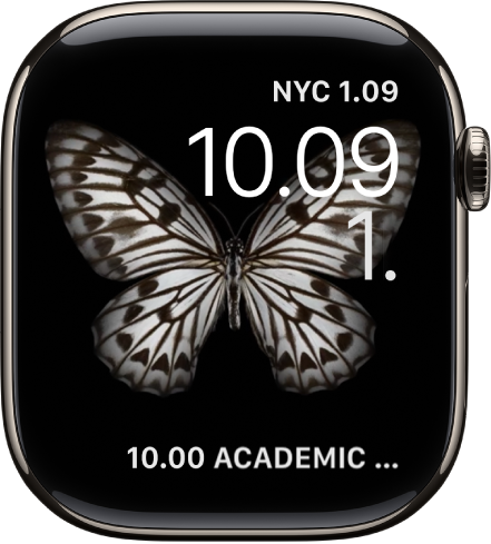 Urskiven Bevægelse, der viser en gople. Du kan vælge, hvilket objekt der skal bevæge sig, og tilføje flere komplikationer. Komplikationen Tidtagning er øverst til højre, tiden og datoen er nedenfor, og komplikationen Stopur er nederst.