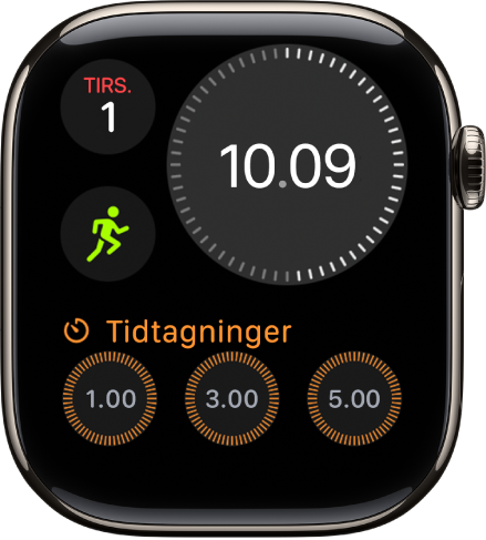 Urskiven Modulær kompakt, der viser et digitalt ur øverst til højre, dagen og datoen øverst til venstre og to komplikationer: Træning i midten til venstre og Sindsstemning nederst.