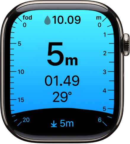 Appen Dybde viser den aktuelle dybde, tid under vandet, vandtemperatur og dykkets maksimale dybde. Mærker i den venstre side angiver dybden i fod fra 0 til 20. Mærker i den højre side angiver dybden i meter fra 0 til 6.