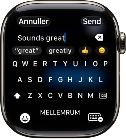 Skærm med tekstfeltet, hvor der vises en besked, der er oprettet med tastaturet på skærmen. Knapperne Emoji og Tastatur på skærmen findes nederst på skærmen.