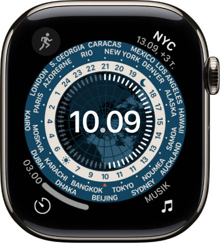 Urskiven Verdensur viser et analogt ur. I midten er der et kort over kloden, der viser dag og nat. Der vises tal og bynavne rundt om urskiven, som angiver tiden på hver lokalitet. Der er komplikationer i hvert hjørne: Musik øverst til venstre, Oversæt øverst til højre, Tidtagning nederst til venstre og datoen nederst til højre.