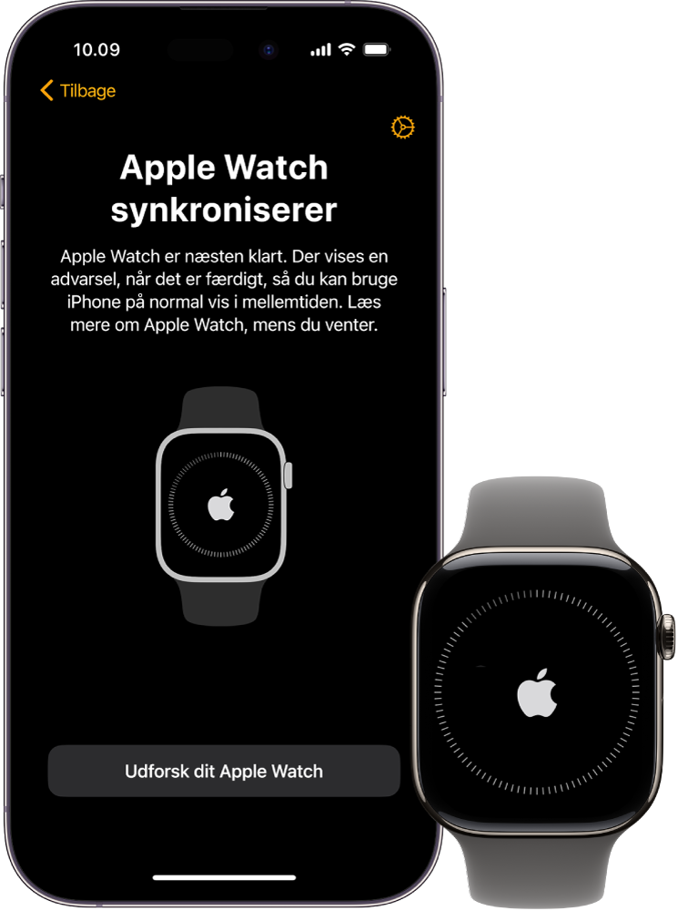 En iPhone og et Apple&nbsp;Watch med skærme, der synkroniseres.