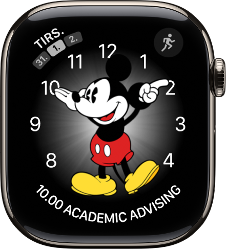 Urskiven Mickey Mouse, hvor du kan tilføje mange komplikationer. Den viser tre komplikationer: Beskeder øverst til venstre, Træning øverst til højre og datoen nederst.