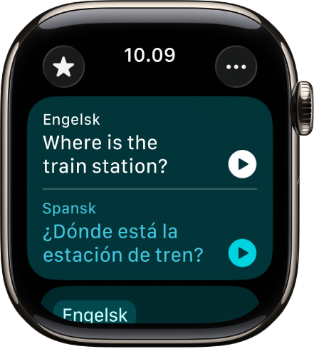 En skærm i appen Oversæt, der viser en sætning på engelsk øverst og oversættelsen på spansk nederst.