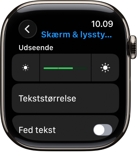 Indstillingerne Skærm & lysstyrke på Apple Watch, med mærket Lysstyrke foroven og knappen Tekststørrelse nedenunder.