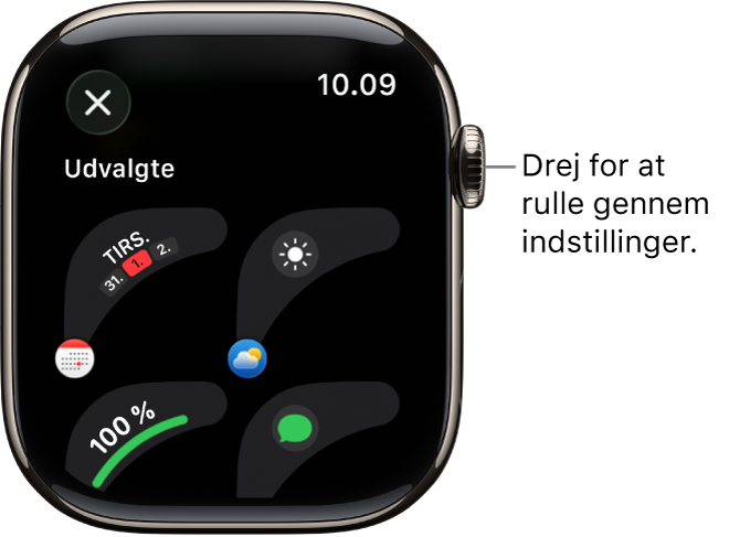 Tilpasningsskærmen til en urskive, der viser udvalgte komplikationer. Drej på Digital Crown for at gennemse komplikationer.
