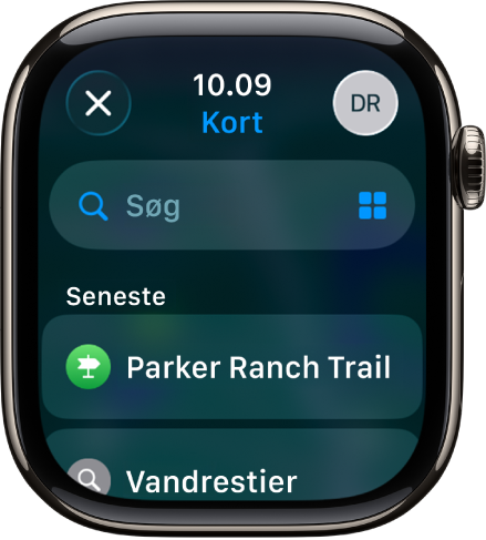 Skærmen Søg i appen Kort med søgefeltet nær toppen. Nederst vises en liste over de seneste søgninger.
