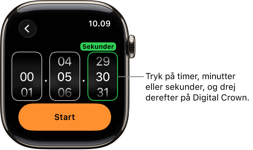 Indstillinger til oprettelse af en speciel tidtagning med timen til venstre, minutterne I midten og sekunderne til højre. Knappen Start ses nedenunder.