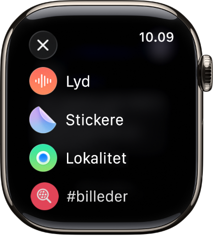 Skærmen Beskeder, der viser muligheder for bilag, f.eks. lyd, stickere, lokalitet og billeder.