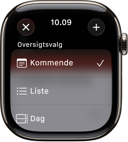Kalenderskærm, der viser oversigtsmuligheder – Næste, Liste og Dag. Knappen Tilføj er øverst til højre.