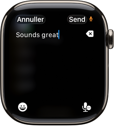 Skærm med tekstfeltet, hvor der vises en besked, der er oprettet med diktering. Knapperne Emoji og Diktering findes nederst på skærmen.