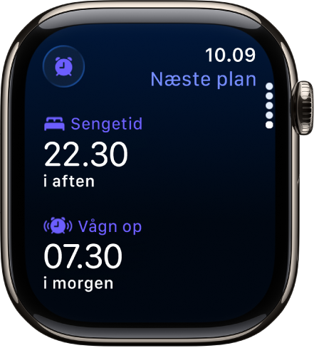 Appen Søvn på Apple Watch, som viser aftenens søvnplan. Sengetiden vises øverst, og derunder vises vækningstiden.