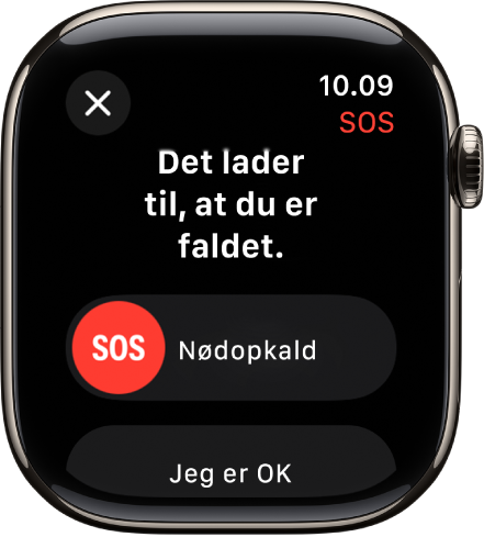 Skærmen Faldregistrering viser mærket SOS, som kan starte et nødopkald, og knappen Jeg er OK.